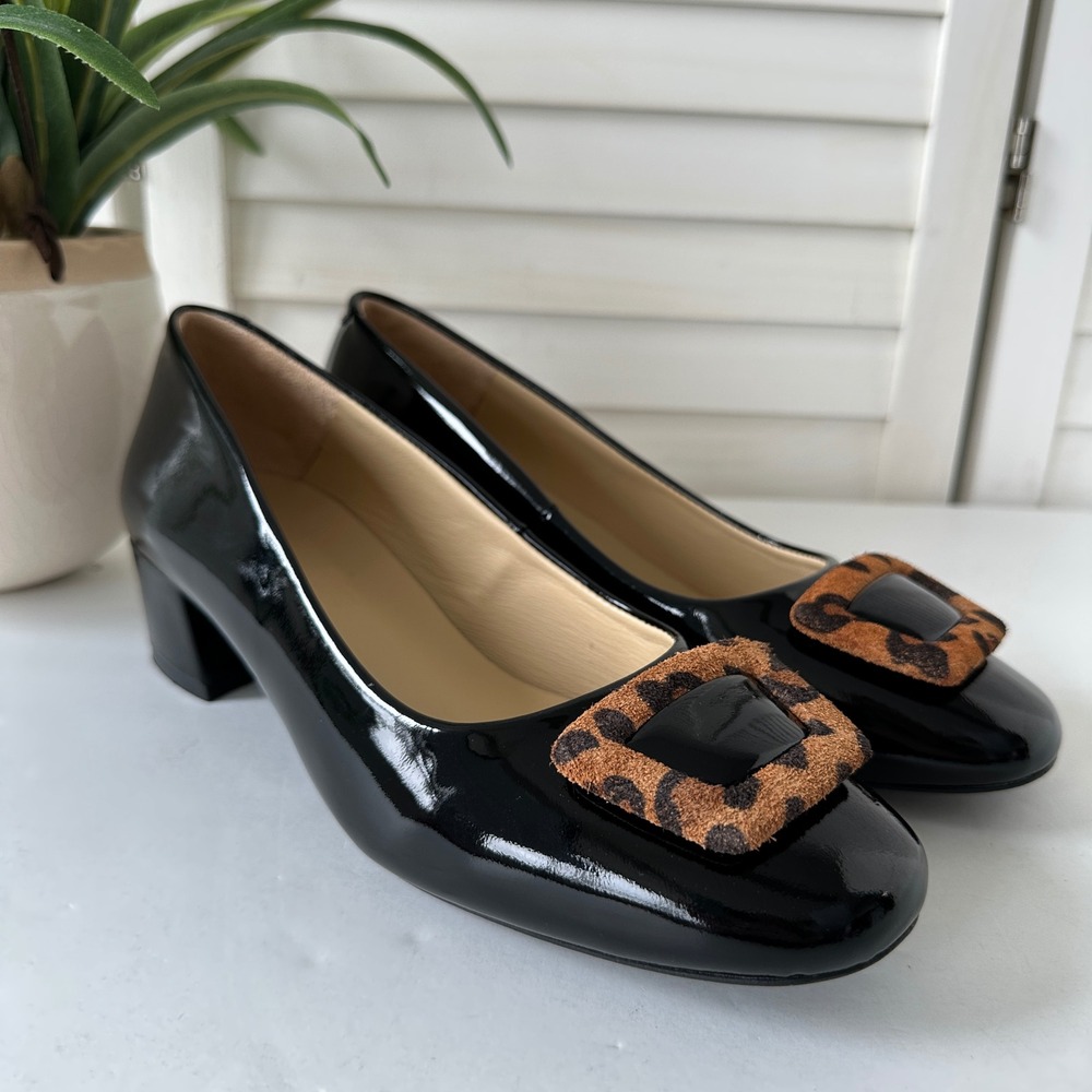 Girotti Black Patent Leopard Buckle‎ Classic Block Heel Pumps Shoe EU 39 US 8 - Picture 2 of 11